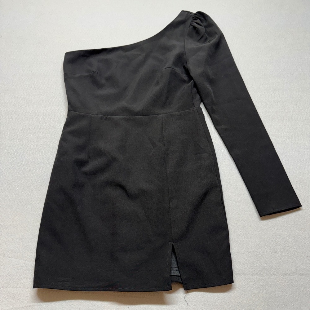 Lulus Black One Shoulder Long Sleeve Mini Dress Slit IBD95894L Small
